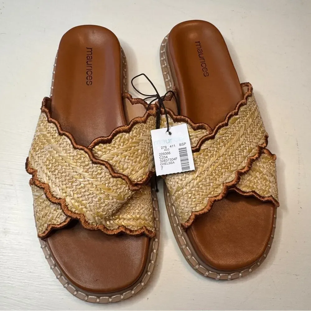Maurices  Chelsea Tan and Brown Women's Slide Cross Strap Sandals Sz 7 NWT
